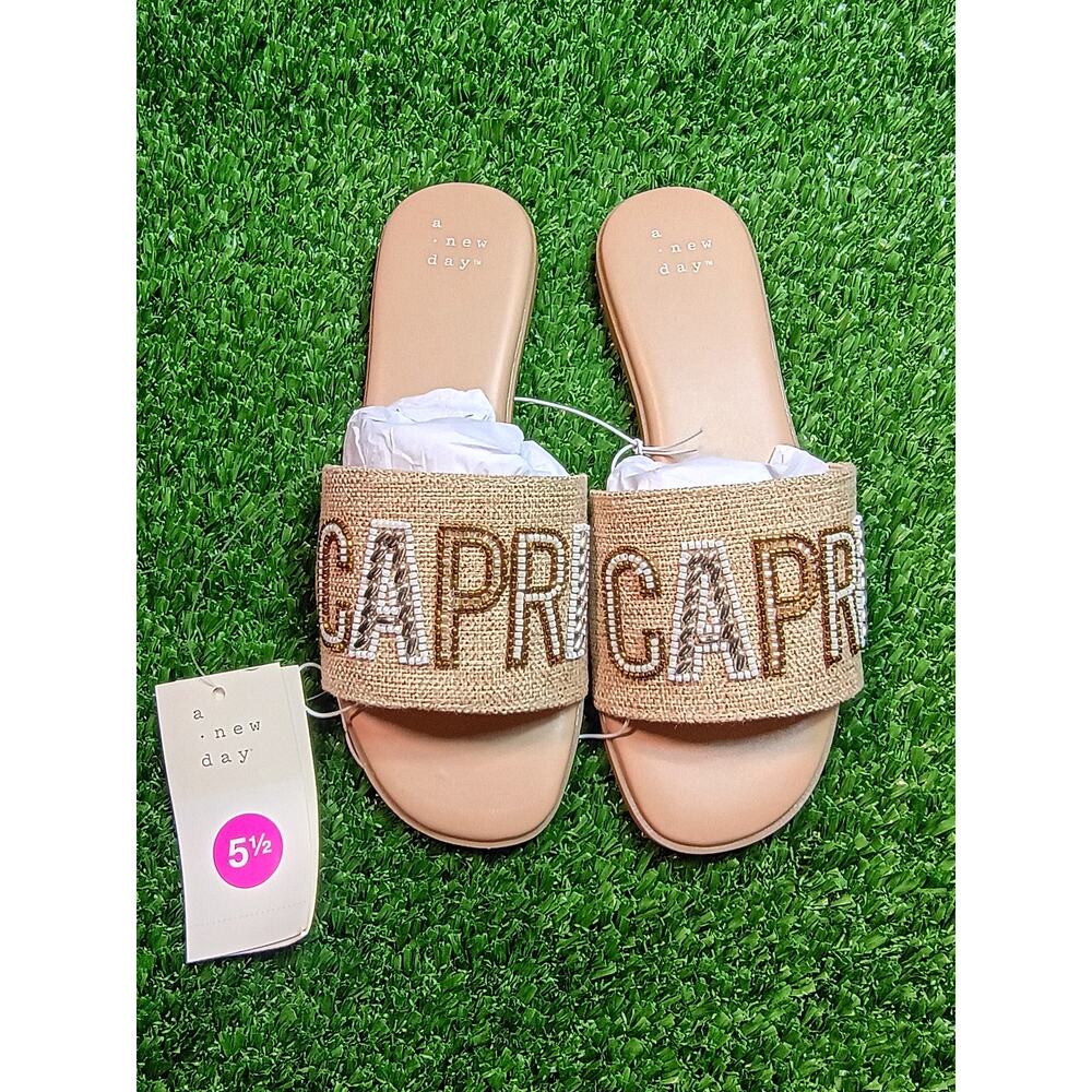 A New Day Nehemia Capri Beaded Canvas Slide Sandals 5.5 NWT